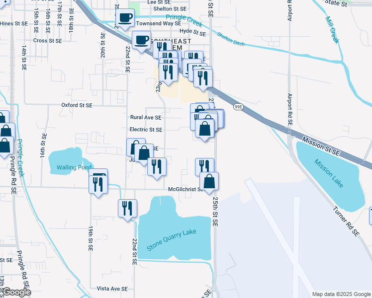 map of restaurants, bars, coffee shops, grocery stores, and more near 2380 Hoyt Street Southeast in Salem