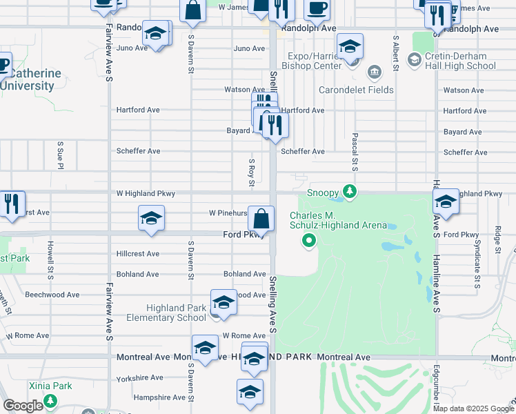 map of restaurants, bars, coffee shops, grocery stores, and more near 1599 West Pinehurst Avenue in Saint Paul