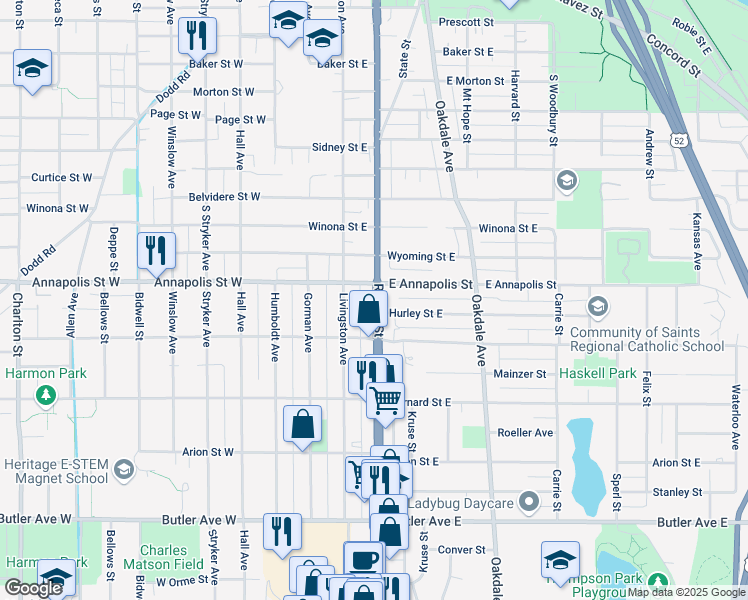 map of restaurants, bars, coffee shops, grocery stores, and more near 893 South Robert Street in Saint Paul