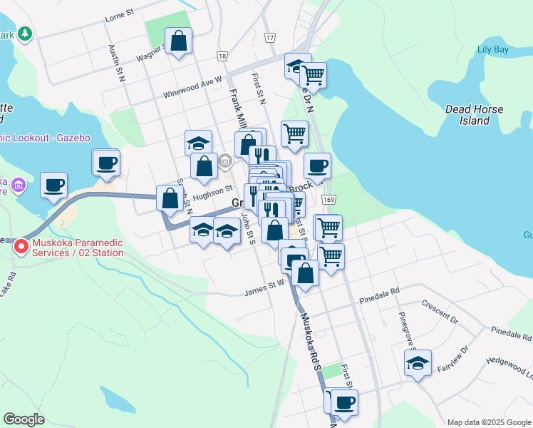 map of restaurants, bars, coffee shops, grocery stores, and more near in Gravenhurst