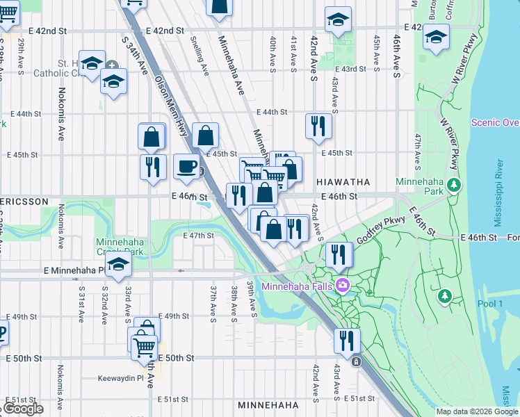 map of restaurants, bars, coffee shops, grocery stores, and more near 4621 Snelling Avenue in Minneapolis