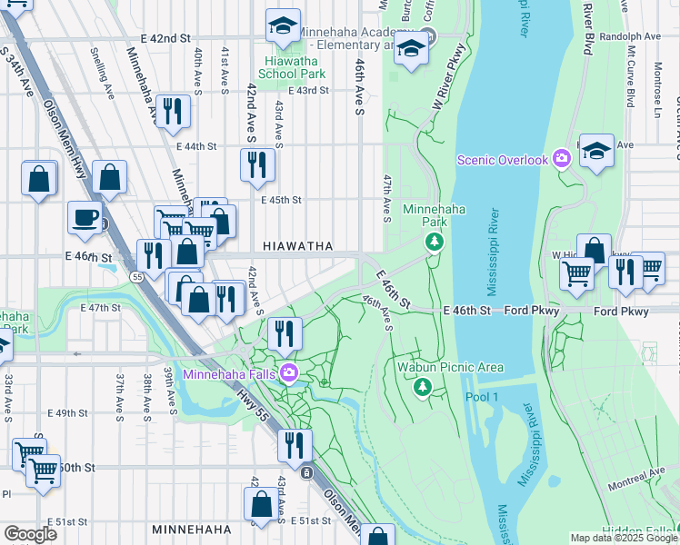 map of restaurants, bars, coffee shops, grocery stores, and more near 4500 Nawadaha Boulevard in Minneapolis