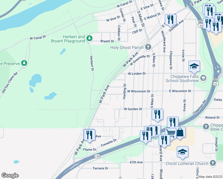 map of restaurants, bars, coffee shops, grocery stores, and more near 505 West Park Avenue in Chippewa Falls