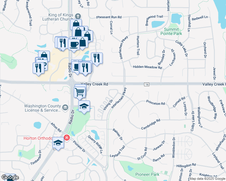map of restaurants, bars, coffee shops, grocery stores, and more near 2126 Vining Drive in Woodbury