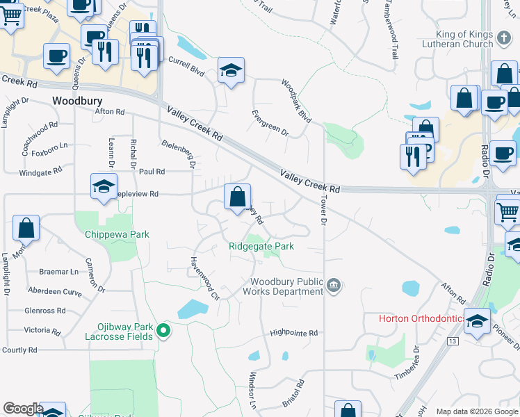 map of restaurants, bars, coffee shops, grocery stores, and more near 7812 Dunmore Road in Woodbury