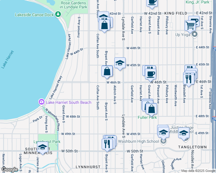 map of restaurants, bars, coffee shops, grocery stores, and more near 4611 Bryant Avenue South in Minneapolis