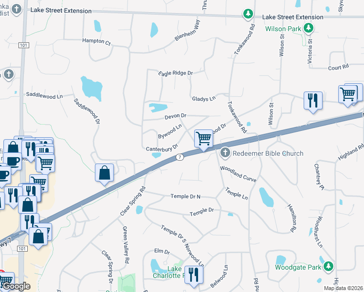 map of restaurants, bars, coffee shops, grocery stores, and more near 16517 Canterbury Drive in Minnetonka