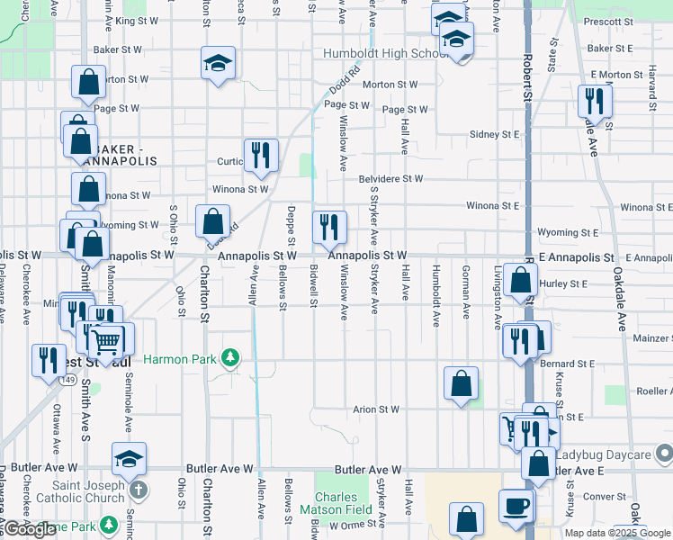map of restaurants, bars, coffee shops, grocery stores, and more near 897 Winslow Avenue in West Saint Paul