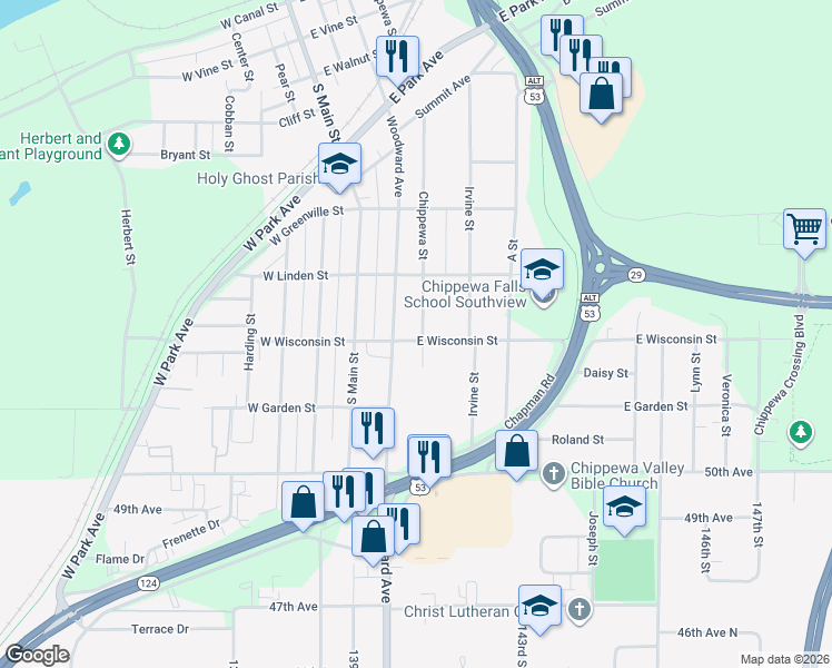 map of restaurants, bars, coffee shops, grocery stores, and more near 652 Chippewa Street in Chippewa Falls