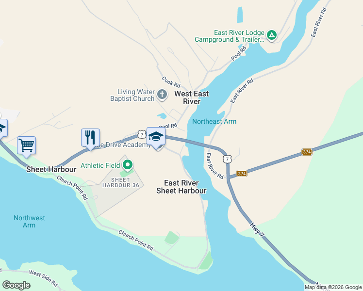 map of restaurants, bars, coffee shops, grocery stores, and more near 436 Church Point Road in Sheet Harbour