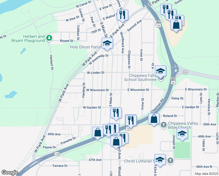 map of restaurants, bars, coffee shops, grocery stores, and more near 658 South Main Street in Chippewa Falls