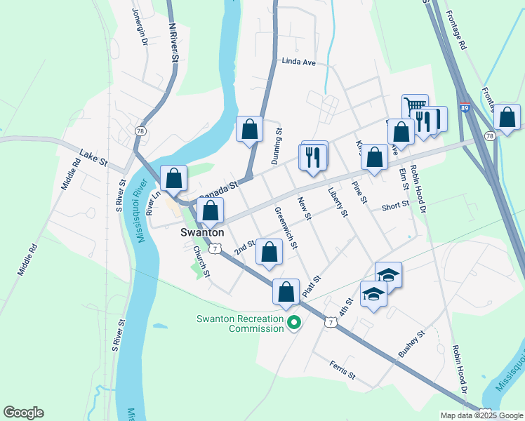 map of restaurants, bars, coffee shops, grocery stores, and more near 44 1st Street in Swanton