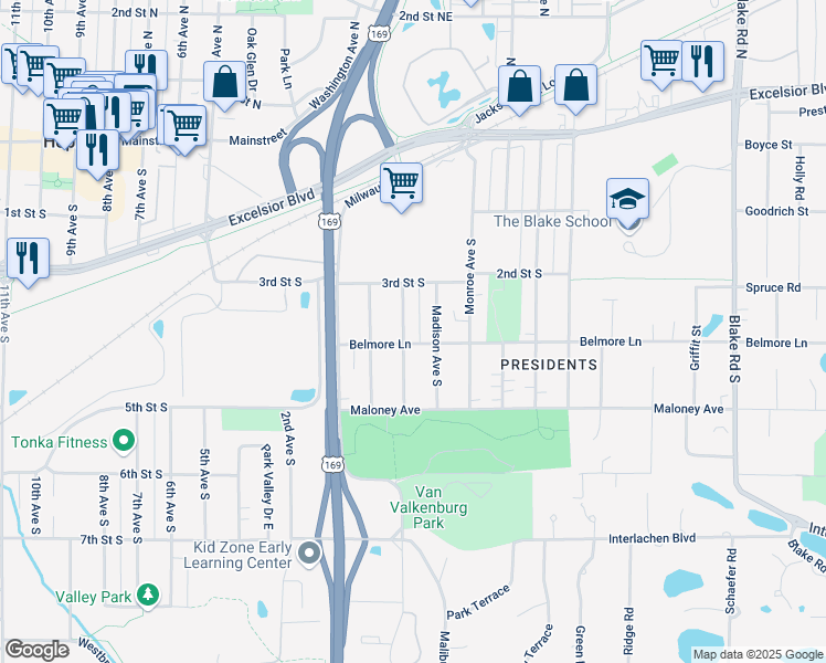 map of restaurants, bars, coffee shops, grocery stores, and more near 322 Jefferson Avenue South in Hopkins