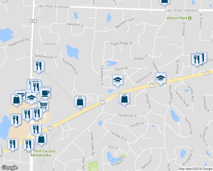 map of restaurants, bars, coffee shops, grocery stores, and more near 16610 Canterbury Drive in Minnetonka