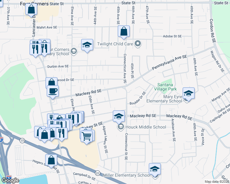 map of restaurants, bars, coffee shops, grocery stores, and more near 4461 Hager Street Southeast in Salem