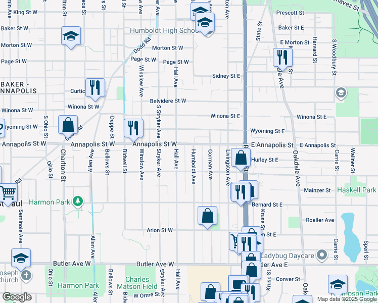 map of restaurants, bars, coffee shops, grocery stores, and more near 905 Humboldt Avenue in Saint Paul