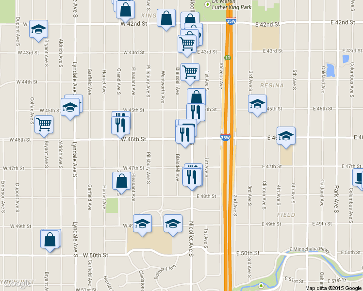 map of restaurants, bars, coffee shops, grocery stores, and more near 4615 Blaisdell Avenue in Minneapolis
