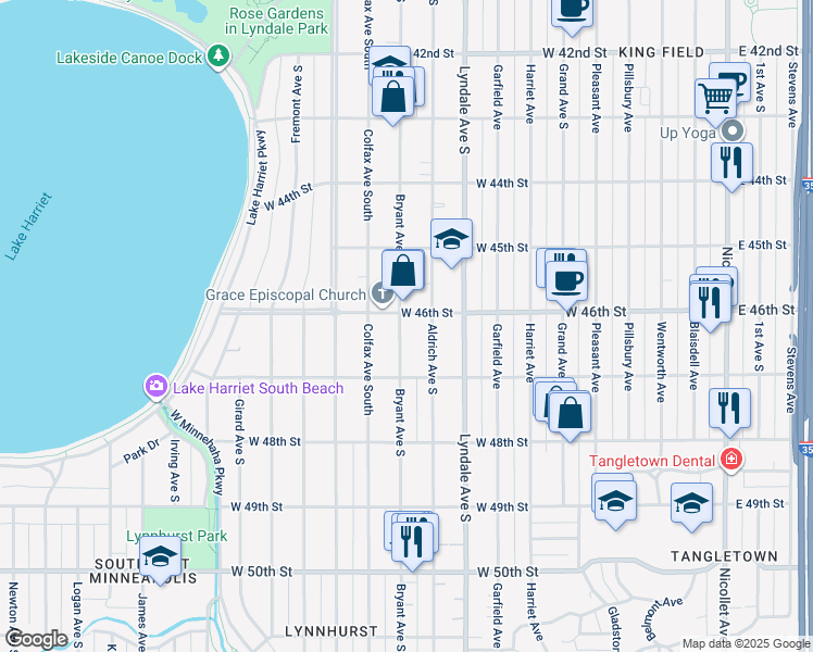 map of restaurants, bars, coffee shops, grocery stores, and more near 4620 Bryant Avenue South in Minneapolis