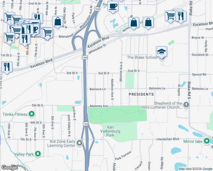 map of restaurants, bars, coffee shops, grocery stores, and more near 322 Jefferson Avenue South in Hopkins