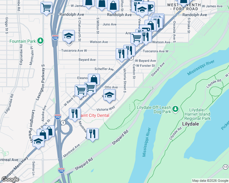 map of restaurants, bars, coffee shops, grocery stores, and more near 739 Mercer Street in Saint Paul