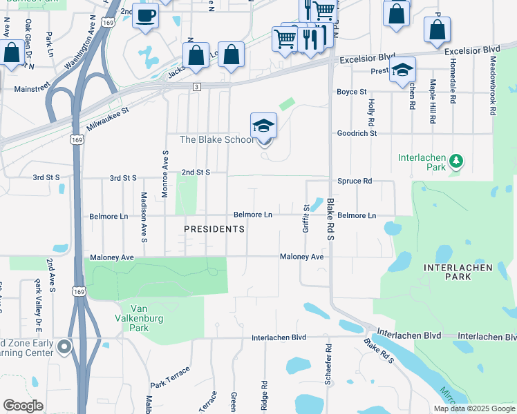 map of restaurants, bars, coffee shops, grocery stores, and more near 6520 Belmore Lane in Hopkins