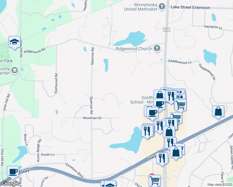 map of restaurants, bars, coffee shops, grocery stores, and more near 18104 Priory Lane in Minnetonka