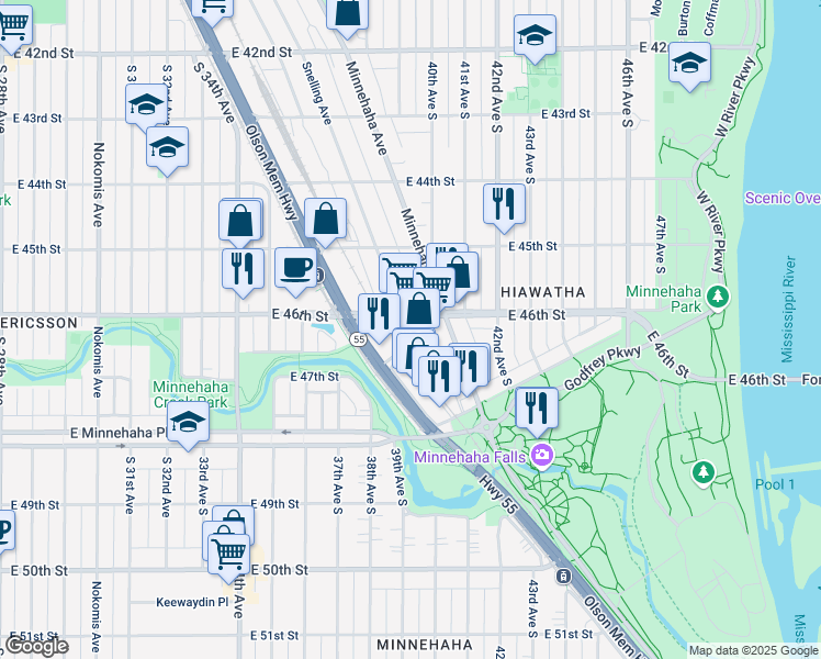 map of restaurants, bars, coffee shops, grocery stores, and more near 4224 Minnehaha Avenue in Minneapolis