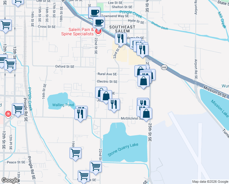 map of restaurants, bars, coffee shops, grocery stores, and more near 2291 Hoyt Street Southeast in Salem