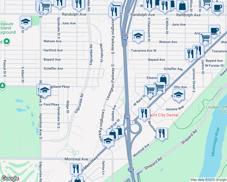 map of restaurants, bars, coffee shops, grocery stores, and more near 730 Lexington Parkway South in Saint Paul