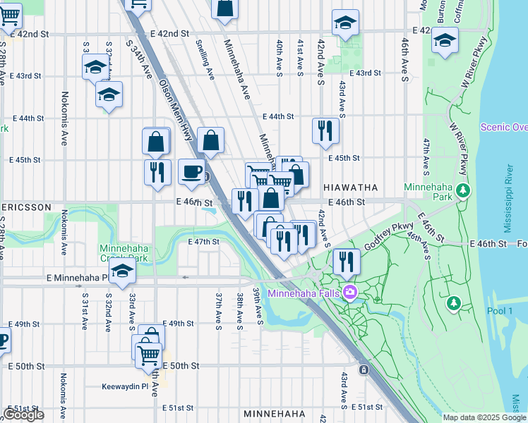 map of restaurants, bars, coffee shops, grocery stores, and more near 4621 Snelling Avenue in Minneapolis