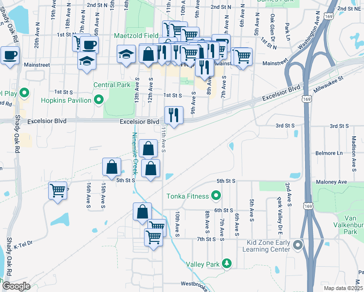 map of restaurants, bars, coffee shops, grocery stores, and more near 415 11th Ave S in Hopkins