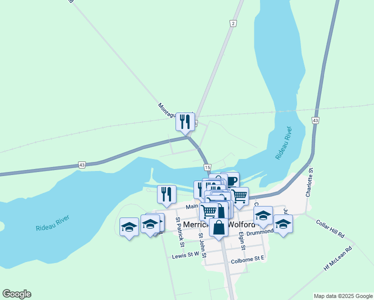 map of restaurants, bars, coffee shops, grocery stores, and more near 111 William Street in Merrickville