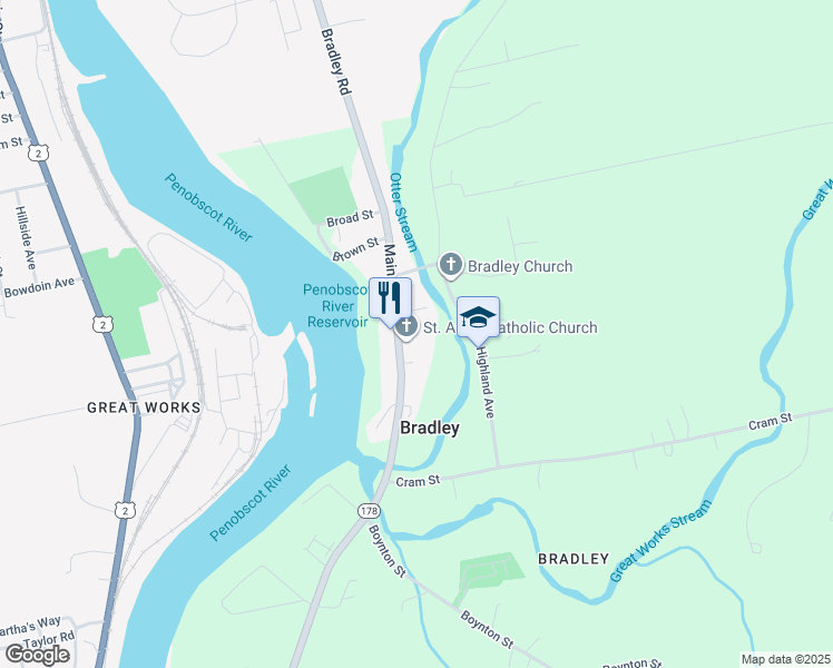 map of restaurants, bars, coffee shops, grocery stores, and more near 84 Main Street in Bradley