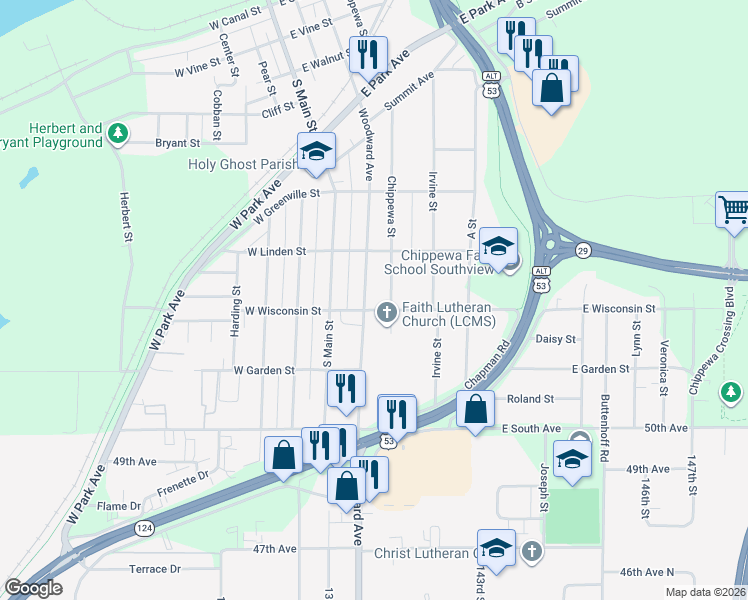 map of restaurants, bars, coffee shops, grocery stores, and more near 652 Chippewa Street in Chippewa Falls