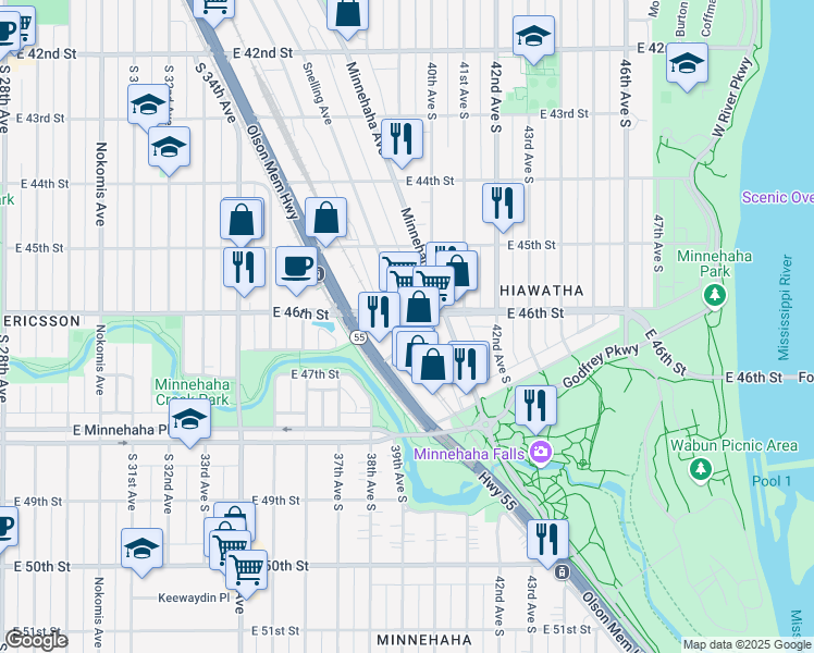 map of restaurants, bars, coffee shops, grocery stores, and more near 4224 Minnehaha Avenue in Minneapolis