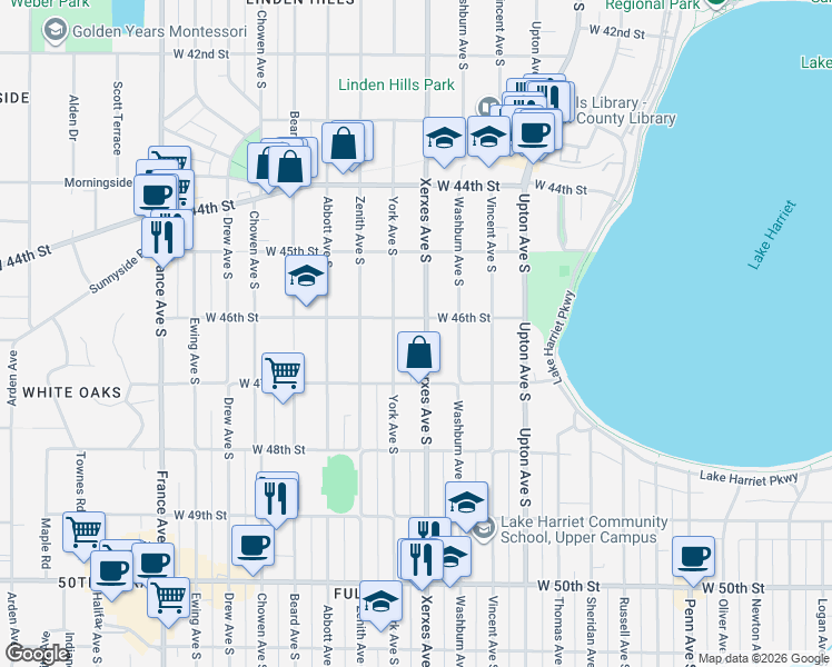 map of restaurants, bars, coffee shops, grocery stores, and more near 4624 Xerxes Avenue South in Minneapolis
