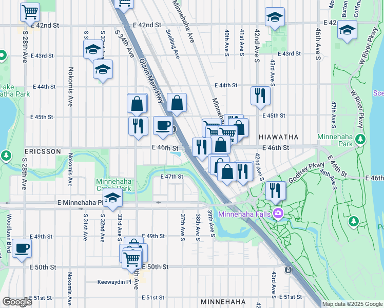 map of restaurants, bars, coffee shops, grocery stores, and more near 4601 Highway 55 in Minneapolis