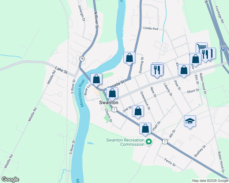 map of restaurants, bars, coffee shops, grocery stores, and more near 10 York Street in Swanton