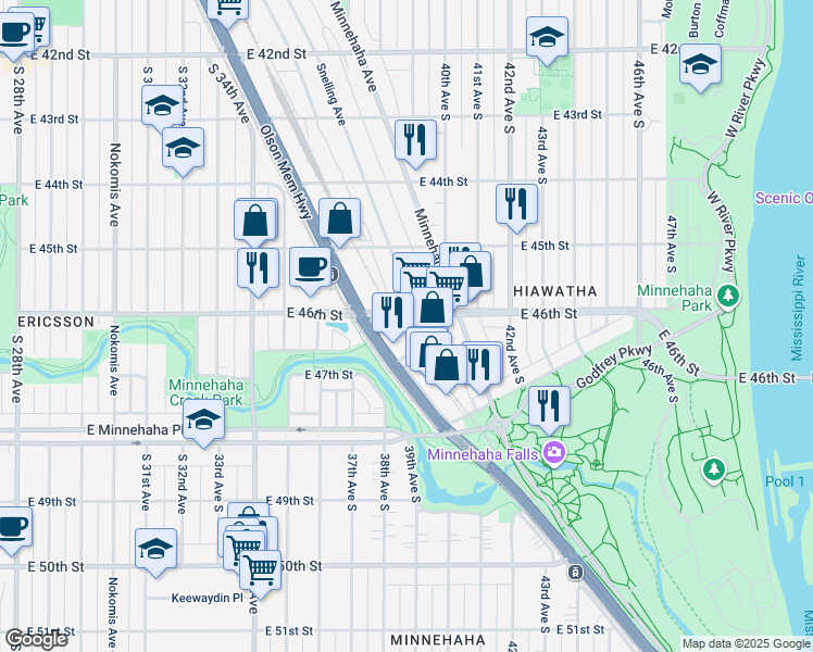 map of restaurants, bars, coffee shops, grocery stores, and more near 4601 Highway 55 in Minneapolis