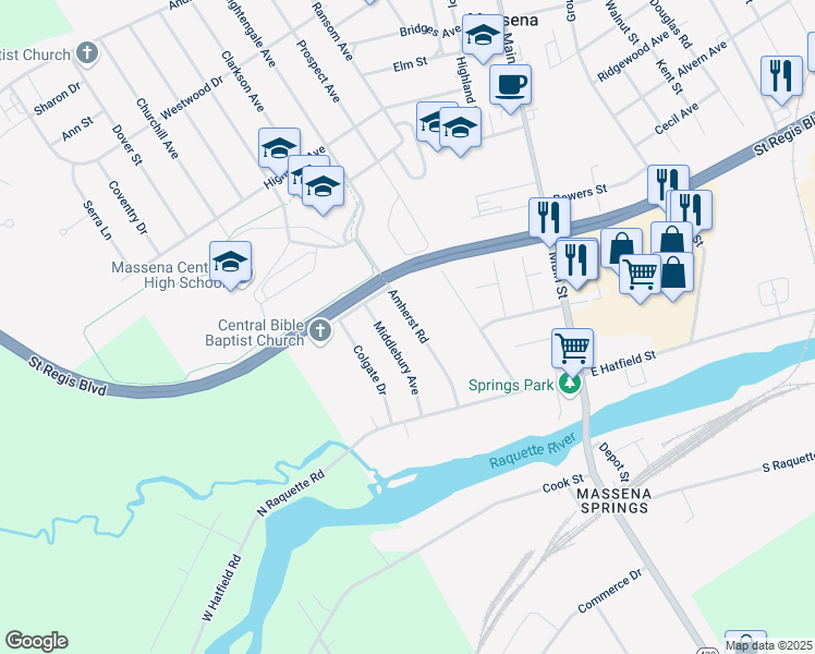 map of restaurants, bars, coffee shops, grocery stores, and more near 23 Amherst Rd in Massena
