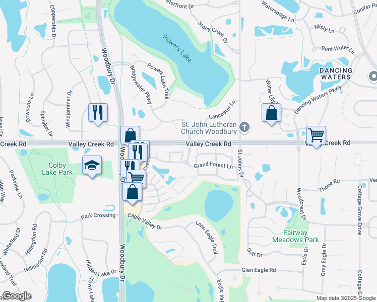 map of restaurants, bars, coffee shops, grocery stores, and more near Grand Reserve Boulevard in Woodbury
