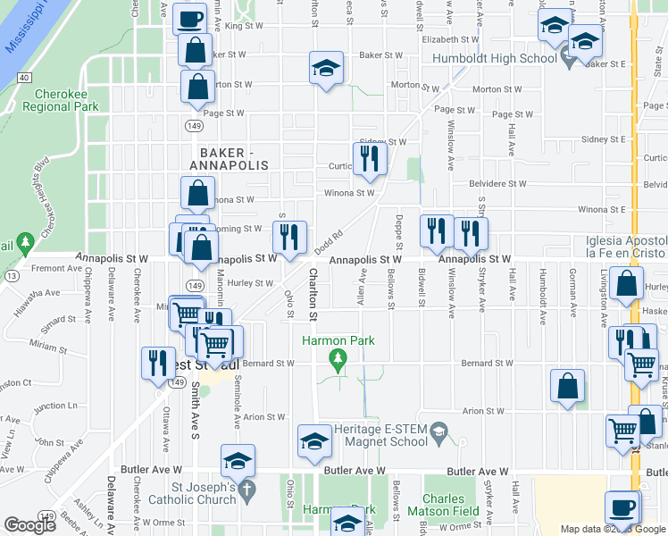 map of restaurants, bars, coffee shops, grocery stores, and more near 234 Annapolis Street West in Saint Paul