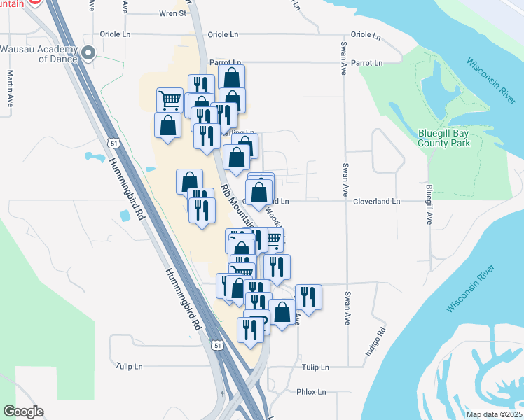 map of restaurants, bars, coffee shops, grocery stores, and more near 4125 Rib Mountain Drive in Wausau