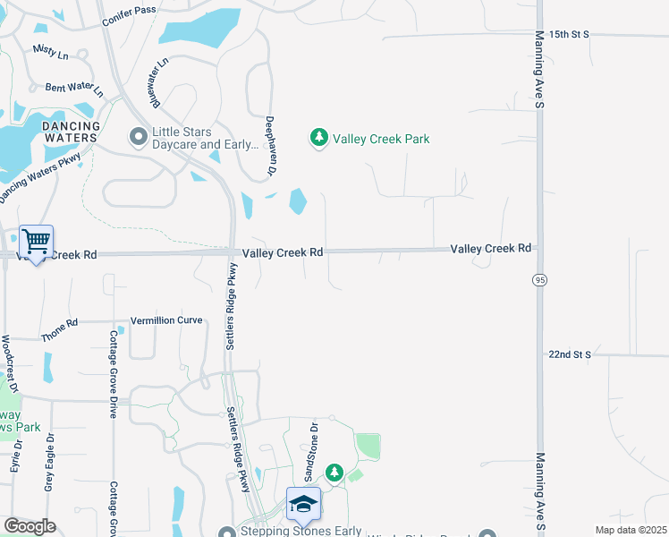 map of restaurants, bars, coffee shops, grocery stores, and more near 11507 Valley Creek Road in Woodbury