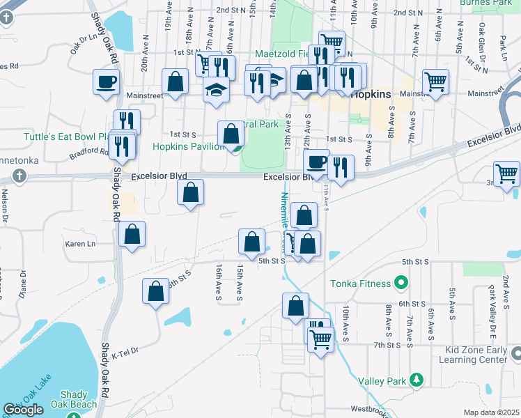 map of restaurants, bars, coffee shops, grocery stores, and more near 10921 Excelsior Blvd in Hopkins