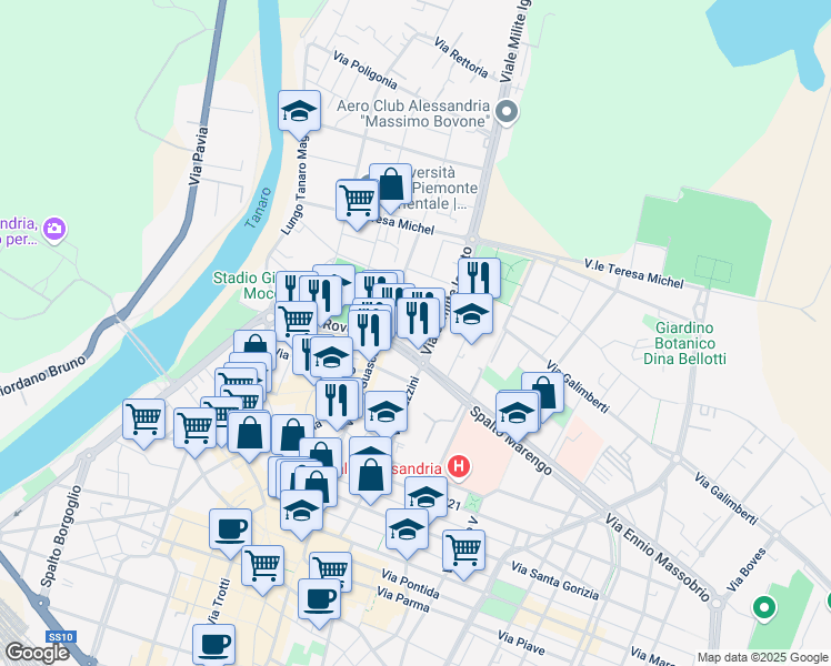 map of restaurants, bars, coffee shops, grocery stores, and more near 22-30 Spalto Marengo in Alessandria