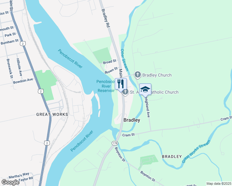 map of restaurants, bars, coffee shops, grocery stores, and more near 67 Main Street in Bradley