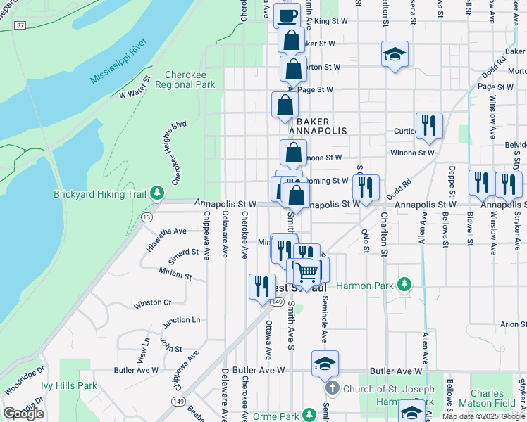 map of restaurants, bars, coffee shops, grocery stores, and more near 901 Ottawa Avenue in Saint Paul