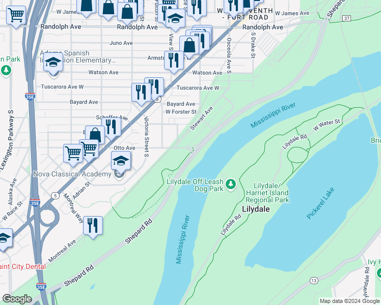map of restaurants, bars, coffee shops, grocery stores, and more near 750 Otto Avenue in Saint Paul