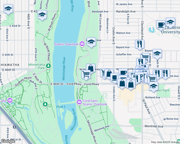 map of restaurants, bars, coffee shops, grocery stores, and more near 2277 Ford Parkway in Saint Paul